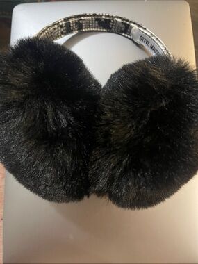 Steve Madden Black Faux Fur Pom Earmuffs with Snakeskin Headband